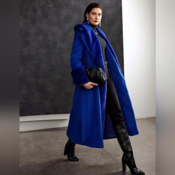 WOOL-BLEND FAUX FUR FUZZY CUFF OVERCOAT Winter Coat Outerwear - Picture 1 of 11